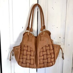 Unique Vintage Lattice Design Shoulder Bag Cognac Tons Of Pockets Zippers